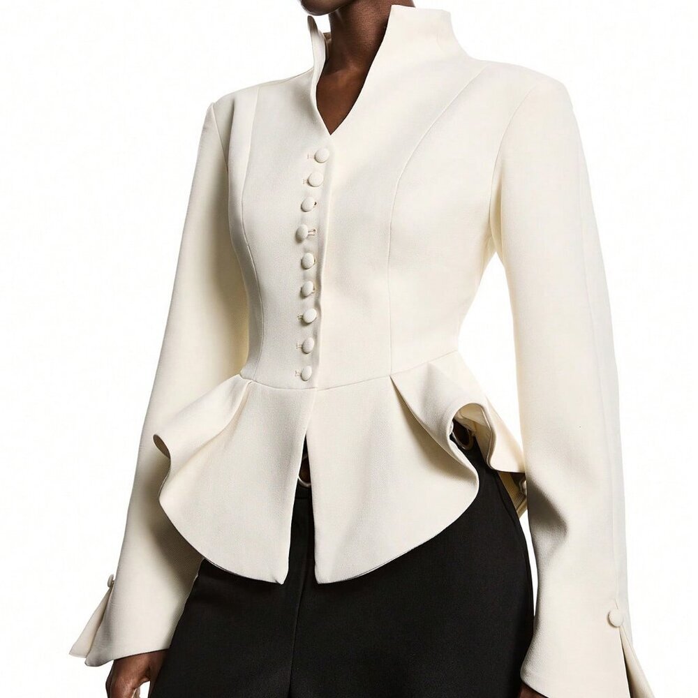 Apricot Elegant Women's Minimalist Fitted peplum blazer top - Picture 4 of 9